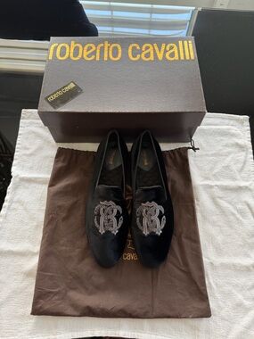 Roberto Cavalli Black Velvet Embroidered Slip-On Loafers
